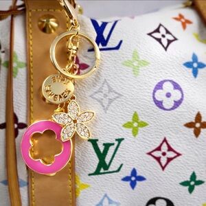 Pink Crystal Fleur Bag Charm Keychain – Gold Tone Luxury Purse & Key Accessory